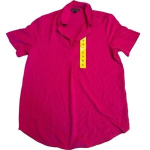 Hilary Radley Women's Collared V-Neck Short Sleeve Blouse Hot Pink Small NWOT